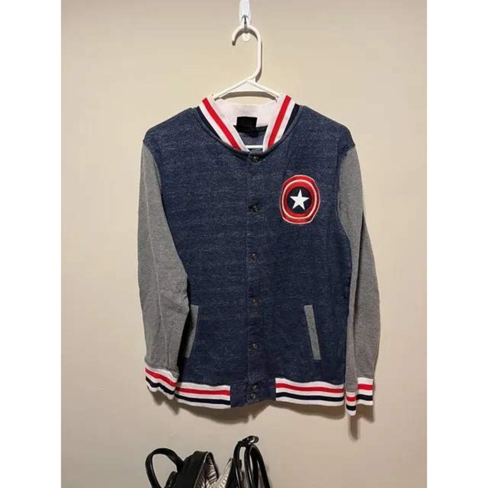 Marvel Captain America Varsity Jacket Blue Grey Marl Snap Front Sweatshirt L
